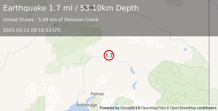 Earthquake 65 km SSE of Cantwell, Alaska (1.7 ml) (2025-03-11 09:16:53 UTC)