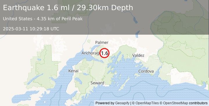 Earthquake 27 km S of Knik River, Alaska (1.6 ml) (2025-03-11 10:29:18 UTC)