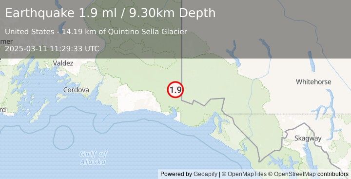 Earthquake 132 km SE of McCarthy, Alaska (1.9 ml) (2025-03-11 11:29:33 UTC)