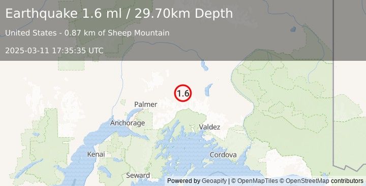 Earthquake 8 km ENE of Glacier View, Alaska (1.6 ml) (2025-03-11 17:35:35 UTC)