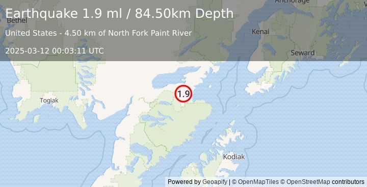 Earthquake 27 km SSE of Kokhanok, Alaska (1.9 ml) (2025-03-12 00:03:11 UTC)