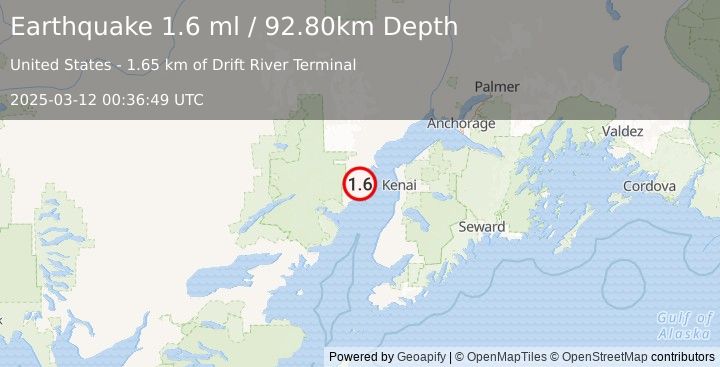 Earthquake 44 km W of Salamatof, Alaska (1.6 ml) (2025-03-12 00:36:49 UTC)