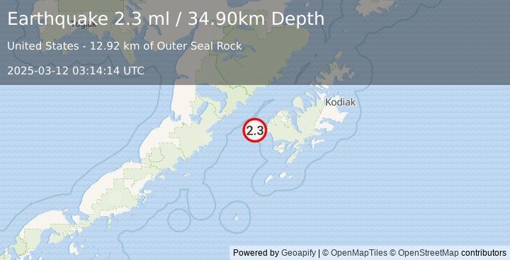 Earthquake 45 km SW of Karluk, Alaska (2.3 ml) (2025-03-12 03:14:14 UTC)