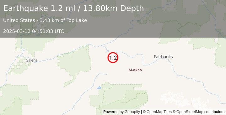 Earthquake 35 km SW of Manley Hot Springs, Alaska (1.2 ml) (2025-03-12 04:51:03 UTC)