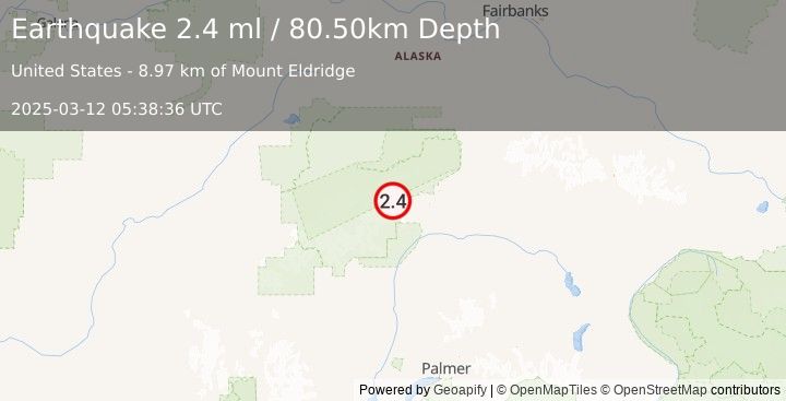 Earthquake 66 km WSW of Cantwell, Alaska (2.4 ml) (2025-03-12 05:38:36 UTC)