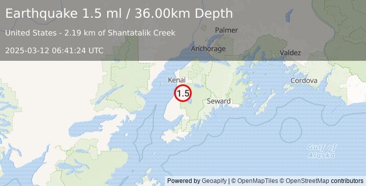 Earthquake 17 km ESE of Kasilof, Alaska (1.5 ml) (2025-03-12 06:41:24 UTC)