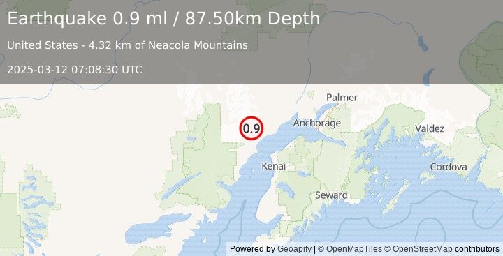 Earthquake 44 km W of Tyonek, Alaska (0.9 ml) (2025-03-12 07:08:30 UTC)