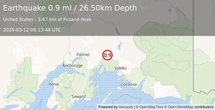 Earthquake 30 km SE of Glacier View, Alaska (0.9 ml) (2025-03-12 08:13:44 UTC)