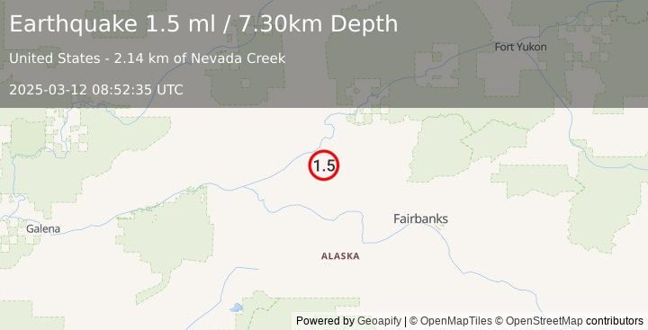 Earthquake 13 km SSE of Rampart, Alaska (1.5 ml) (2025-03-12 08:52:35 UTC)