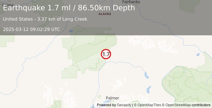 Earthquake 44 km SW of Cantwell, Alaska (1.7 ml) (2025-03-12 09:02:29 UTC)