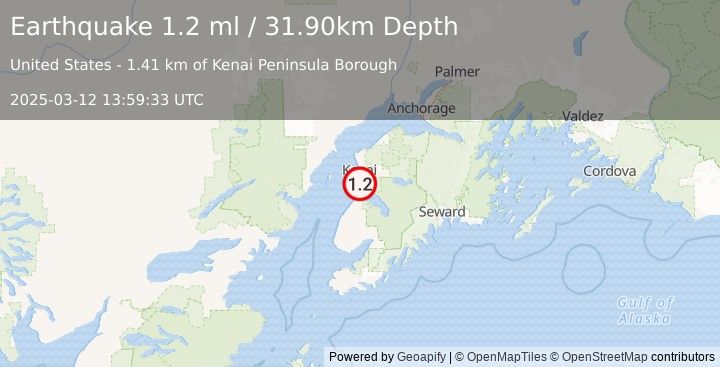 Earthquake 2 km ESE of Kalifornsky, Alaska (1.2 ml) (2025-03-12 13:59:33 UTC)