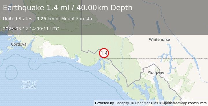 Earthquake 78 km NNE of Yakutat, Alaska (1.4 ml) (2025-03-12 14:09:11 UTC)