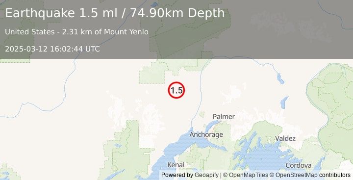 Earthquake 20 km NNE of Skwentna, Alaska (1.5 ml) (2025-03-12 16:02:44 UTC)