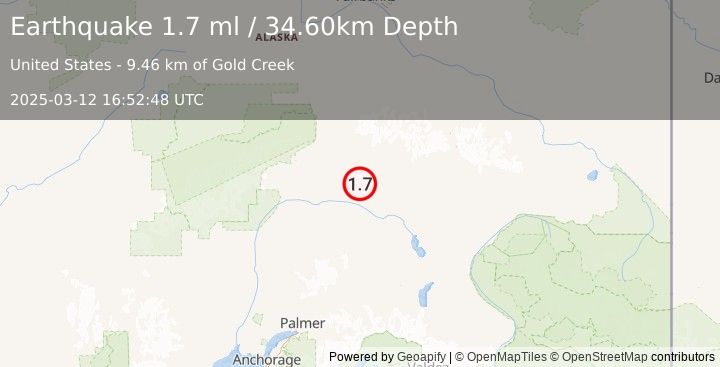 Earthquake 69 km SE of Cantwell, Alaska (1.7 ml) (2025-03-12 16:52:48 UTC)