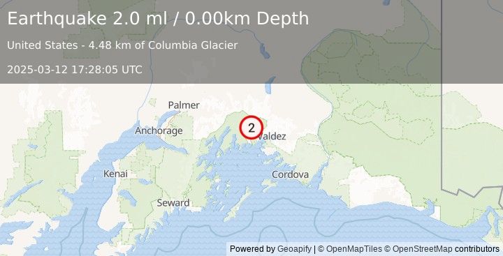 Earthquake 36 km WNW of Valdez, Alaska (2.0 ml) (2025-03-12 17:28:05 UTC)