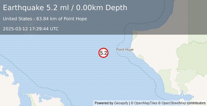 Earthquake 68 km W of Point Hope, Alaska (5.2 ml) (2025-03-12 17:29:44 UTC)