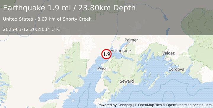 Earthquake 8 km SE of Beluga, Alaska (1.9 ml) (2025-03-12 20:28:34 UTC)