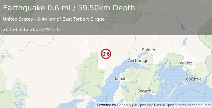 Earthquake 73 km WNW of Beluga, Alaska (0.6 ml) (2025-03-12 20:57:49 UTC)