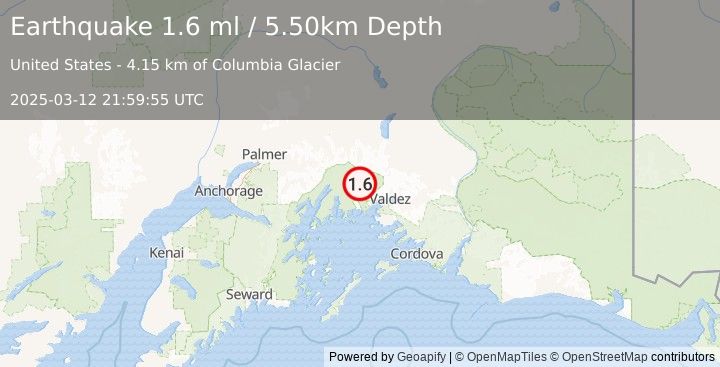 Earthquake 39 km WNW of Valdez, Alaska (1.6 ml) (2025-03-12 21:59:55 UTC)