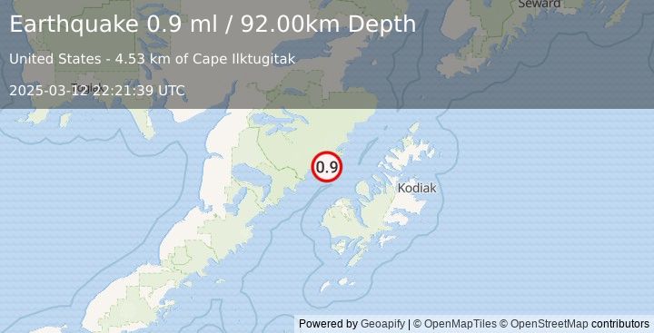 Earthquake 55 km N of Karluk, Alaska (0.9 ml) (2025-03-12 22:21:39 UTC)