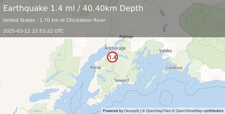 Earthquake 24 km W of Hope, Alaska (1.4 ml) (2025-03-12 22:53:22 UTC)