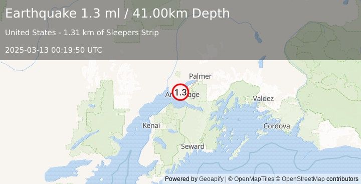 Earthquake 6 km NW of Anchorage, Alaska (1.3 ml) (2025-03-13 00:19:50 UTC)