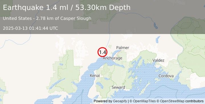 Earthquake 14 km SW of Susitna, Alaska (1.4 ml) (2025-03-13 01:41:44 UTC)