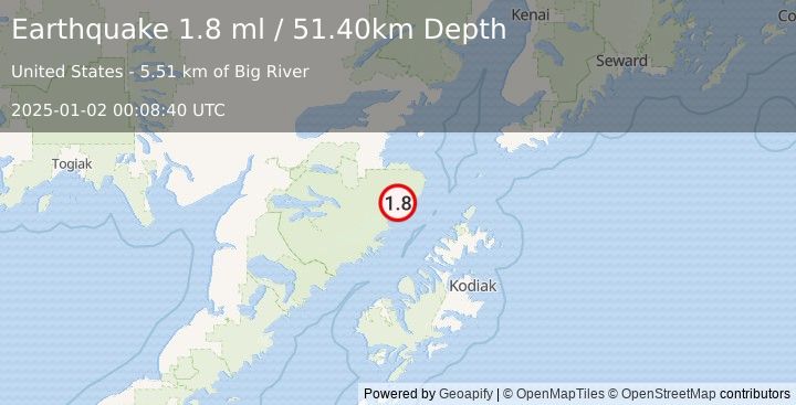 Earthquake 87 km NW of Aleneva, Alaska (1.8 ml) (2025-01-02 00:08:40 UTC)