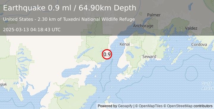 Earthquake 51 km WNW of Ninilchik, Alaska (0.9 ml) (2025-03-13 04:18:43 UTC)