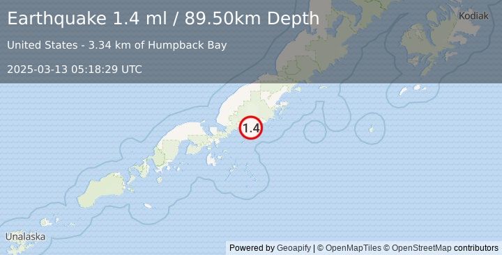 Earthquake 6 km SE of Ivanof Bay, Alaska (1.4 ml) (2025-03-13 05:18:29 UTC)