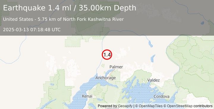 Earthquake 15 km SSE of Susitna North, Alaska (1.4 ml) (2025-03-13 07:18:48 UTC)