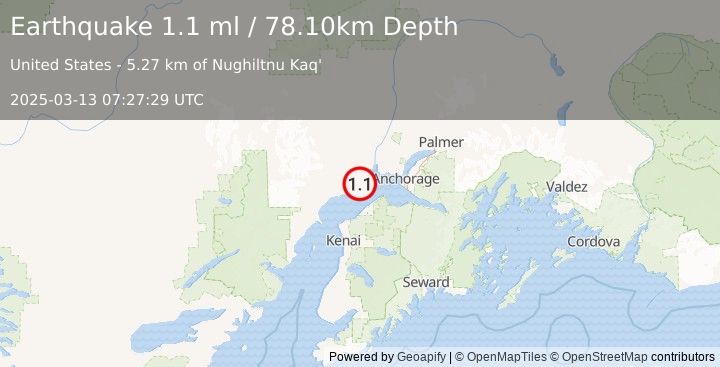 Earthquake 10 km ENE of Beluga, Alaska (1.1 ml) (2025-03-13 07:27:29 UTC)