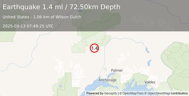 Earthquake 11 km W of Petersville, Alaska (1.4 ml) (2025-03-13 07:49:25 UTC)