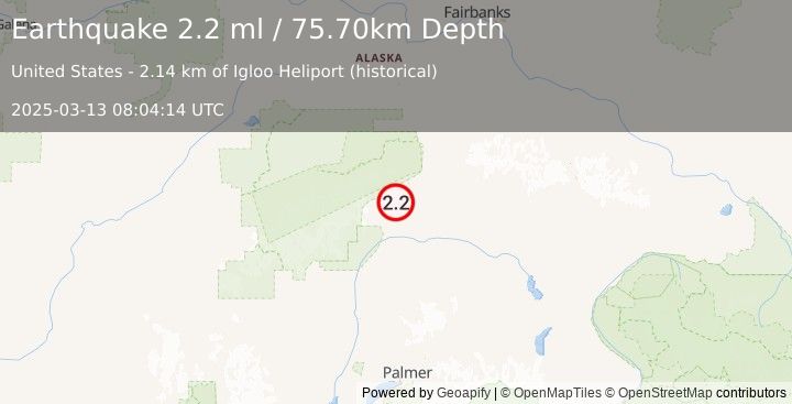 Earthquake 31 km SW of Cantwell, Alaska (2.2 ml) (2025-03-13 08:04:14 UTC)