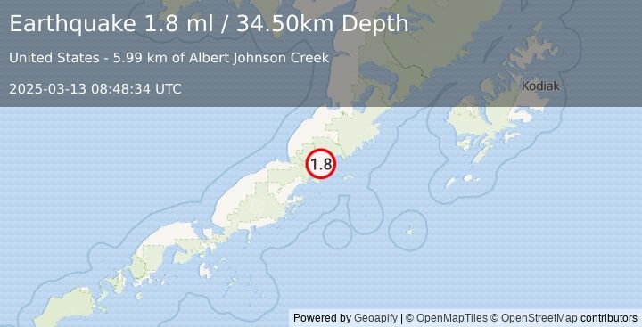 Earthquake 62 km NE of Chignik, Alaska (1.8 ml) (2025-03-13 08:48:34 UTC)