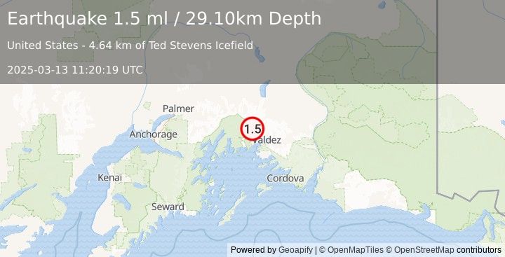 Earthquake 30 km NW of Valdez, Alaska (1.5 ml) (2025-03-13 11:20:19 UTC)