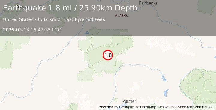 Earthquake 67 km SE of Denali National Park, Alaska (1.8 ml) (2025-03-13 16:43:35 UTC)