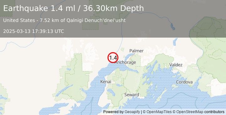 Earthquake 22 km SSW of Susitna, Alaska (1.4 ml) (2025-03-13 17:39:13 UTC)