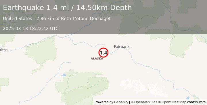 Earthquake 5 km NNW of Four Mile Road, Alaska (1.4 ml) (2025-03-13 18:22:42 UTC)