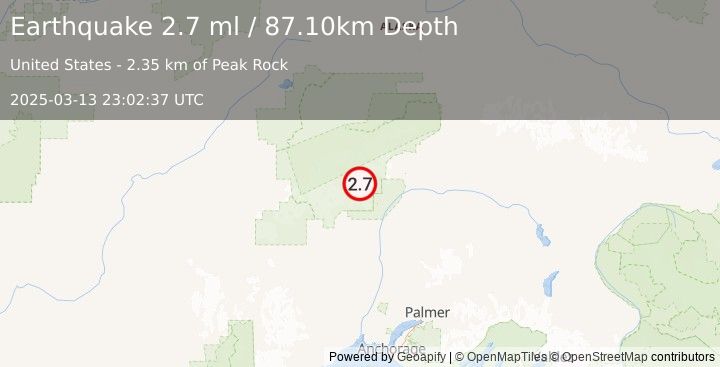 Earthquake 47 km N of Petersville, Alaska (2.7 ml) (2025-03-13 23:02:37 UTC)