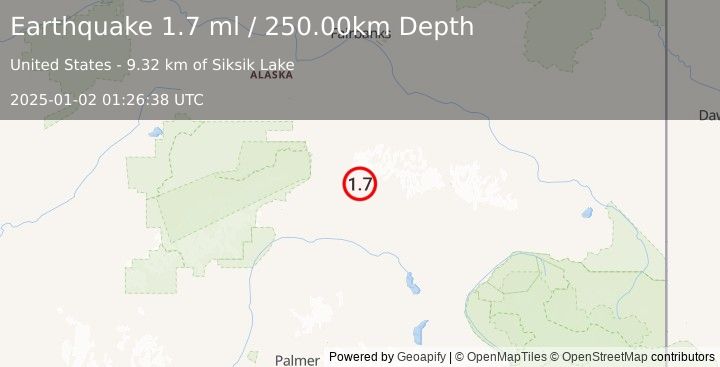 Earthquake 60 km E of Cantwell, Alaska (1.7 ml) (2025-01-02 01:26:38 UTC)