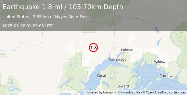 Earthquake 42 km SW of Skwentna, Alaska (1.8 ml) (2025-01-02 01:29:08 UTC)