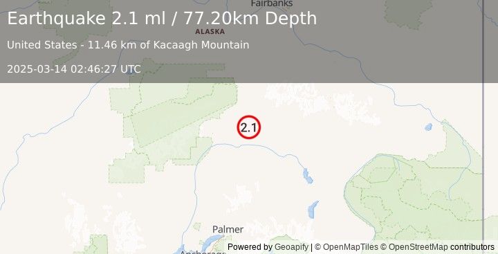 Earthquake 41 km SE of Cantwell, Alaska (2.1 ml) (2025-03-14 02:46:27 UTC)