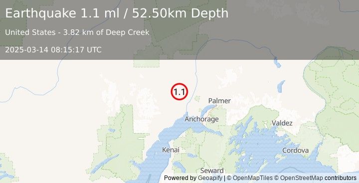 Earthquake 33 km NW of Susitna, Alaska (1.1 ml) (2025-03-14 08:15:17 UTC)