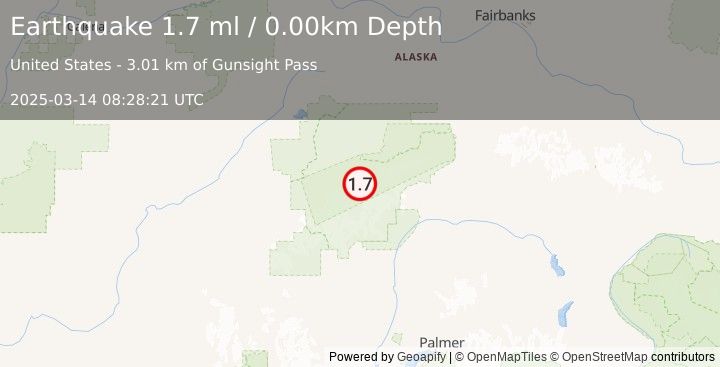 Earthquake 54 km SE of Denali National Park, Alaska (1.7 ml) (2025-03-14 08:28:21 UTC)