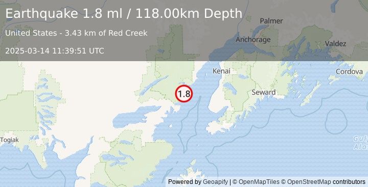 Earthquake 64 km WNW of Happy Valley, Alaska (1.8 ml) (2025-03-14 11:39:51 UTC)