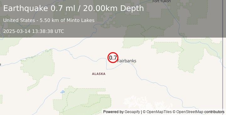 Earthquake 32 km WNW of Ester, Alaska (0.7 ml) (2025-03-14 13:38:38 UTC)