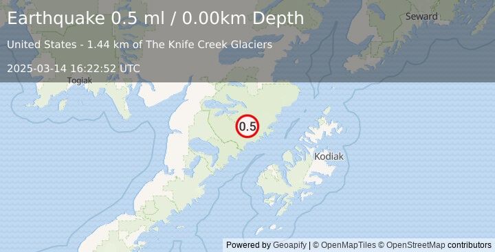 Earthquake 87 km NNW of Karluk, Alaska (0.5 ml) (2025-03-14 16:22:52 UTC)