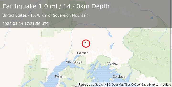 Earthquake 25 km N of Sutton-Alpine, Alaska (1.0 ml) (2025-03-14 17:21:56 UTC)