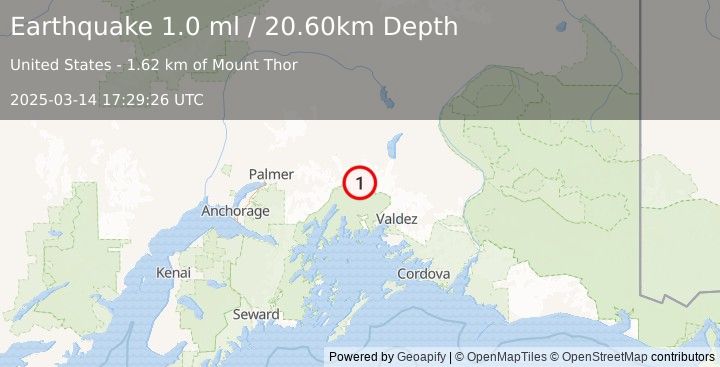 Earthquake 43 km SE of Glacier View, Alaska (1.0 ml) (2025-03-14 17:29:26 UTC)